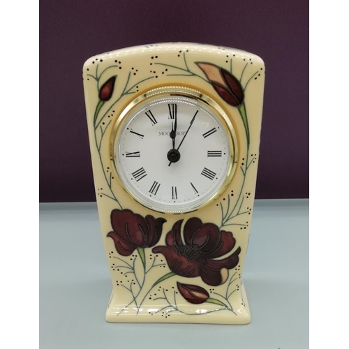 32 - Moorcroft 15.5cm Mantle Clock in the 'Chocolate Cosmos' Pattern by Rachel Bishop. W/O.