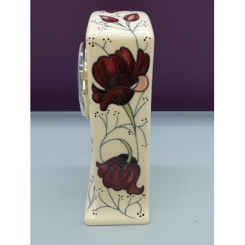 32 - Moorcroft 15.5cm Mantle Clock in the 'Chocolate Cosmos' Pattern by Rachel Bishop. W/O.