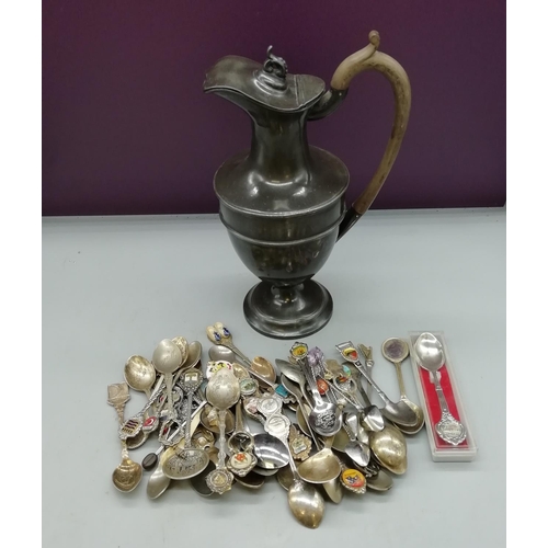 45 - Pewter Jug and Box of Collectors Spoons.