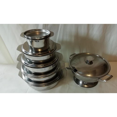 55A - Stainless Steel 6 Piece Lidded Tureen/Casserole Set.