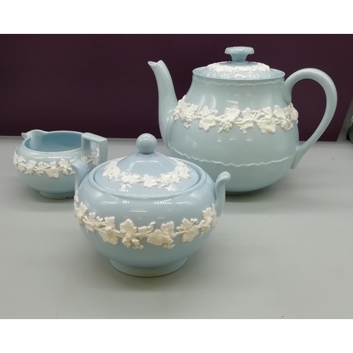 56 - Wedgwood Queensware Teapot, Sugar and Cream. Nibble to Rim of Teapot.