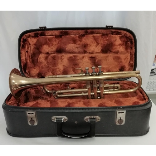 59 - Cor-Ton Trumpet with Mother of Pearl Valve Tops and Case. Valves Sticking.