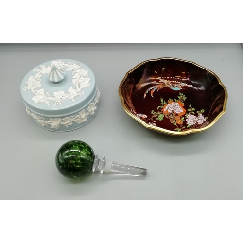 60 - Carlton Ware Rouge Royal Bowl, Wedgwood Queensware Lidded Powder Pot and Green glass Bottle Stopper.