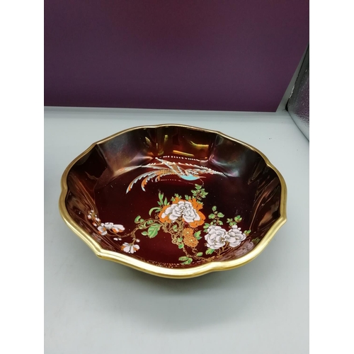 60 - Carlton Ware Rouge Royal Bowl, Wedgwood Queensware Lidded Powder Pot and Green glass Bottle Stopper.