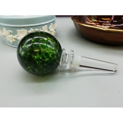 60 - Carlton Ware Rouge Royal Bowl, Wedgwood Queensware Lidded Powder Pot and Green glass Bottle Stopper.