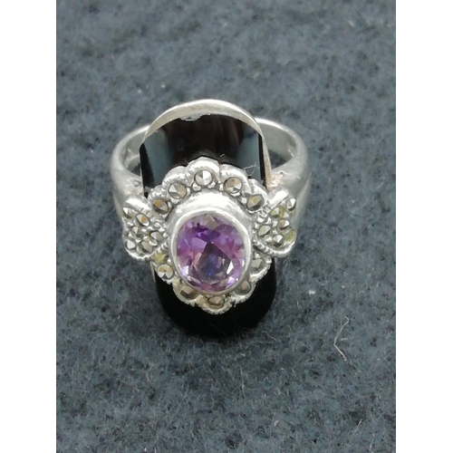 89 - 925 Silver, Amethyst and White Stone Ring.