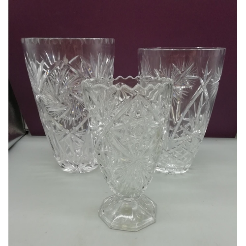 97 - Heavy Cut Glass Vases (3). Tallest being 25cms.