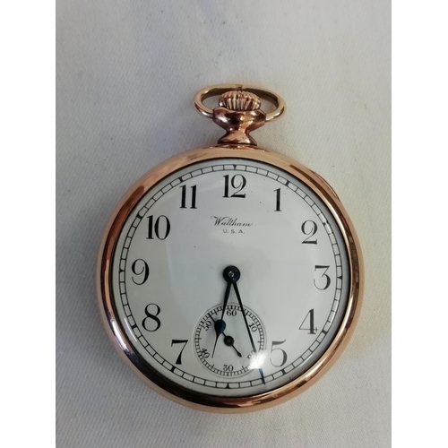 119 - Waltham USA Gold Plated Pocket Watch on Wooden Stand. Working when Photographed.