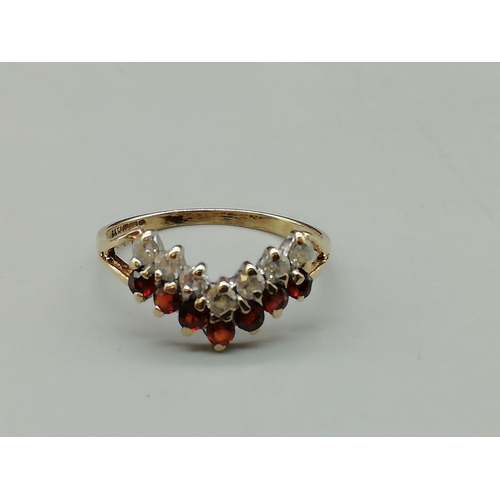 120 - 9ct Hallmarked Wishbone Ring with Red Stone.