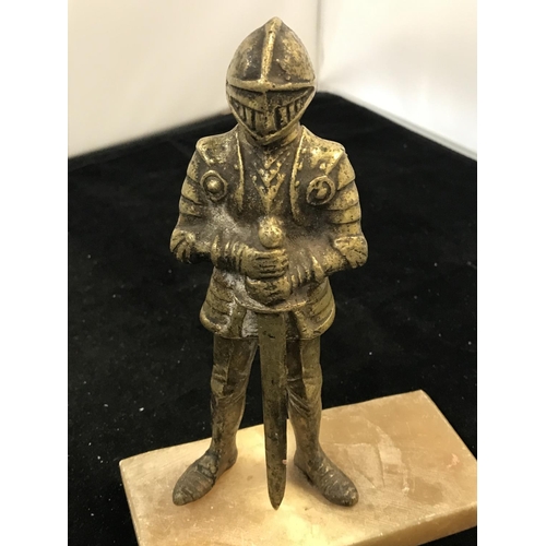 154 - Heavy Brass Medieval Knight on Plinth. 18cm High.