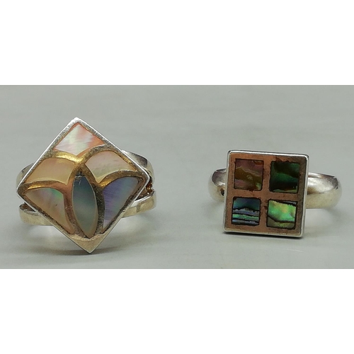 160E - 2 x 925 Silver Rings with Mother of Pearl. 12.5 Grams.