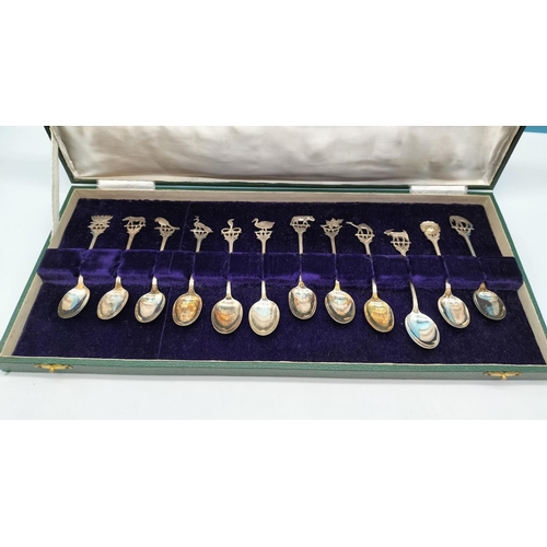82 - Cased Set of 12 Teaspoons with Middle Eastern/Indian Animal and Flower Handle. Unmarked. Tested As S... 
