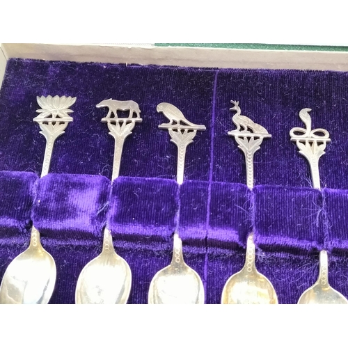 82 - Cased Set of 12 Teaspoons with Middle Eastern/Indian Animal and Flower Handle. Unmarked. Tested As S... 