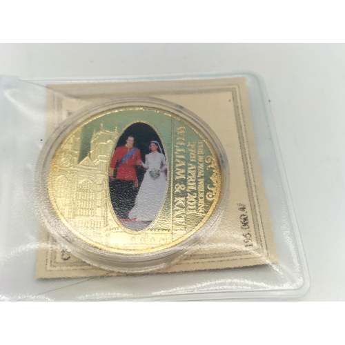 88 - 2 x Gold Plate and Enamel Prince William and Katherine Royal Wedding Coins plus Gold Plate and Ename... 
