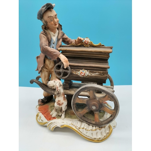 160D - Capodimonte, M Lozy, Large Figure of a Barrel Organ Player with Dog. c1950-1960. (28cm High, 21cm Lo... 