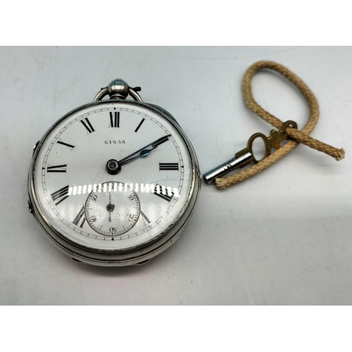 160B - Silver Fusee Pocket Watch with Key. Ticks but Needs Service. Crack to Dial.