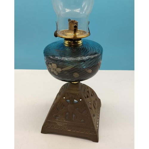 105 - Blue Glass, Metal Base Oil Lamp with Chimney. 48cm High.