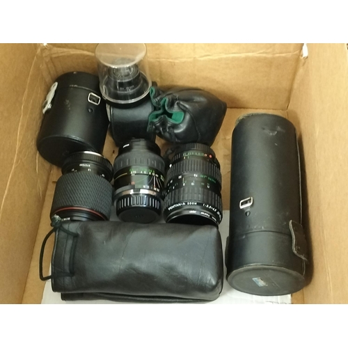 110A - Box of Mixed Camera Lenses to include Carl Zeiss, Pentax, Tamron, etc.