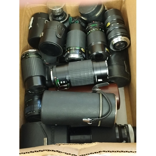 110A - Box of Mixed Camera Lenses to include Carl Zeiss, Pentax, Tamron, etc.