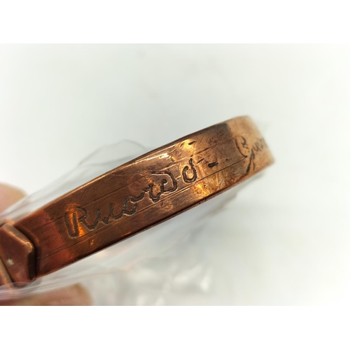 178 - Trench Art WWI 1916 Copper 'Sweetheart' Bracelet. 6.5cm Diameter.