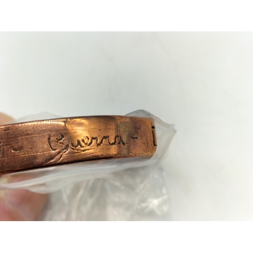 178 - Trench Art WWI 1916 Copper 'Sweetheart' Bracelet. 6.5cm Diameter.