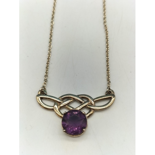 204 - Sterling Silver Celtic Design Necklace set with Amethyst. Marked 925. Stones have been tested by Ven... 