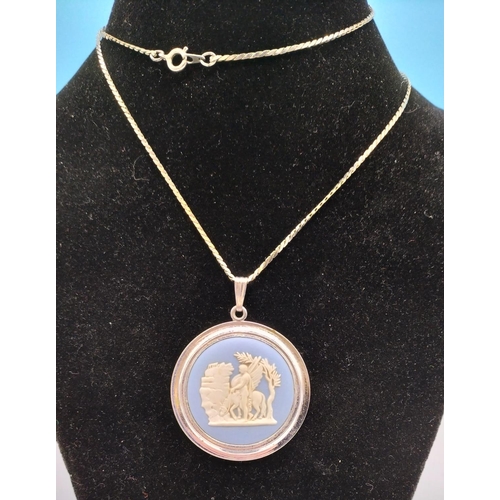 280 - Wedgwood Blue Jasper Pendant and Necklace. 4.5cm Diameter.