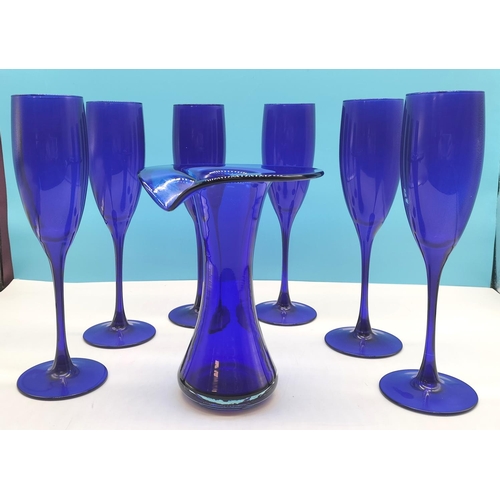 286 - Blue Glass Champagne Glasses (6) plus Carafe.