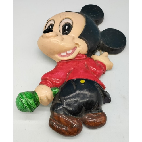 525 - Rare 1950s Hand Painted Plaster Mickey Mouse Wall Plaque. 25cm Long. With Damage.