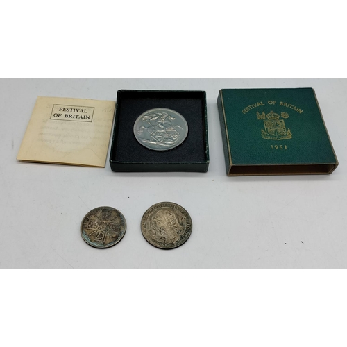 723 - Festival of Britain 1951 Coin (Cased) plus .500 Florin and Half Crown Coins.