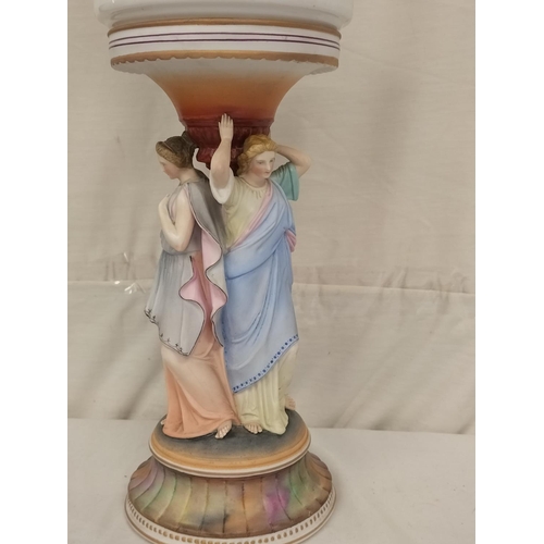 157 - Three Graces Ceramic Oil Lamp. 68cm High. Repairs to Neck and Arm.