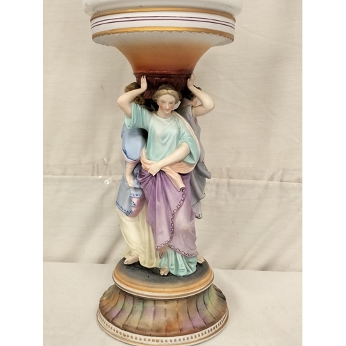 157 - Three Graces Ceramic Oil Lamp. 68cm High. Repairs to Neck and Arm.