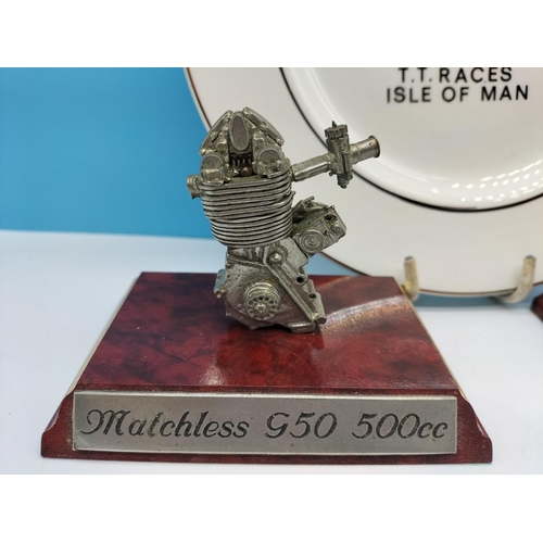 26 - Isle of Man TT Plate plus 2 x Engine Ornaments - Manx Norton 500cc and Matchless G50 500cc.