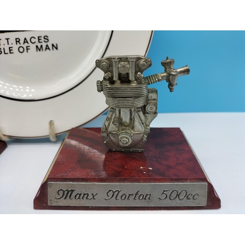 26 - Isle of Man TT Plate plus 2 x Engine Ornaments - Manx Norton 500cc and Matchless G50 500cc.