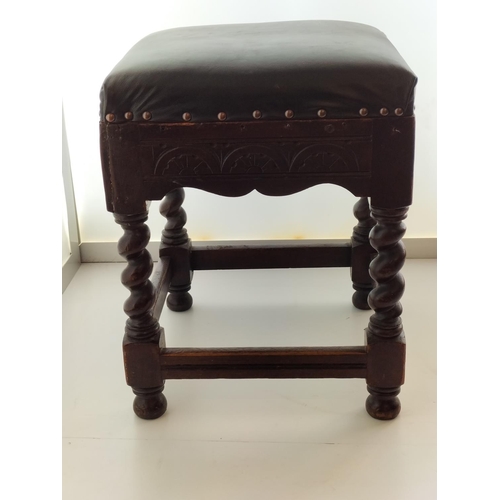 10A - Leather Topped Stool with Barley Twist Legs. 46cm x 36cm.