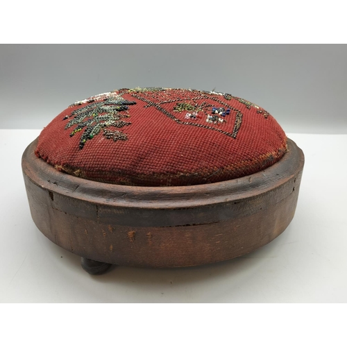 2 - Victorian Beadwork Topped Foot Stool. 27cm Diameter.