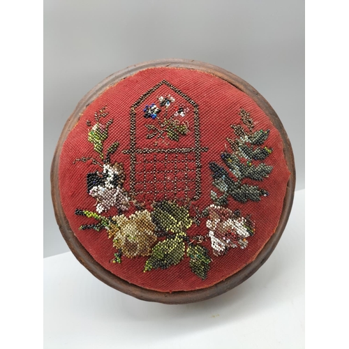 2 - Victorian Beadwork Topped Foot Stool. 27cm Diameter.