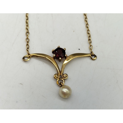 36 - 9ct Gold Necklace set with Garnet and Pearl. Marked 375. Hallmarked for Sheffield. All stones Tested... 