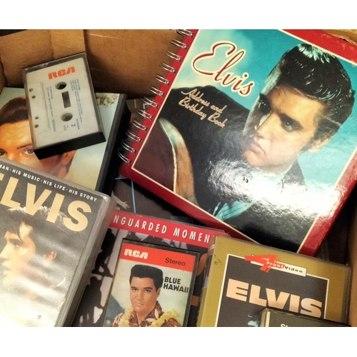 101 - 3 Boxes of Mixed Elvis Memorabilia to include Books, CDs, VHS Tapes, Magazines, Calendar, etc.