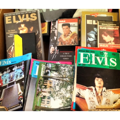 101 - 3 Boxes of Mixed Elvis Memorabilia to include Books, CDs, VHS Tapes, Magazines, Calendar, etc.