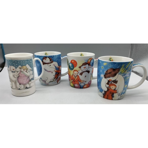 104 - Johnson Bros 'Snowman' Mugs (3), Royal Doulton 'The Party' Snowman Mug plus Snowman Pin Badges (2).