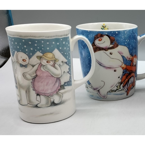 104 - Johnson Bros 'Snowman' Mugs (3), Royal Doulton 'The Party' Snowman Mug plus Snowman Pin Badges (2).