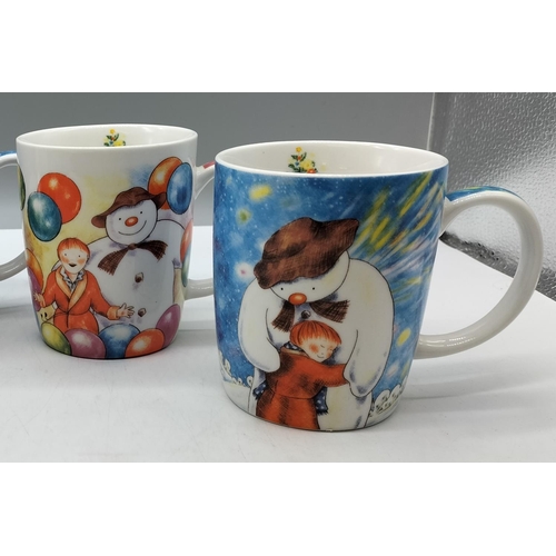 104 - Johnson Bros 'Snowman' Mugs (3), Royal Doulton 'The Party' Snowman Mug plus Snowman Pin Badges (2).