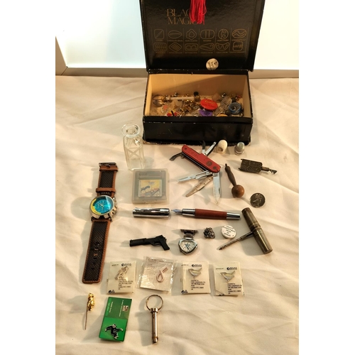 130A - Box of Mixed Items to include Pen Knife, Thimbles, Watch, Pin Badges, etc.