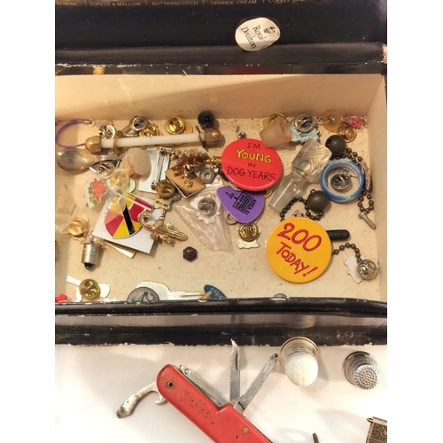 130A - Box of Mixed Items to include Pen Knife, Thimbles, Watch, Pin Badges, etc.