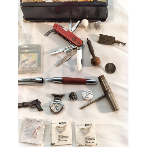 130A - Box of Mixed Items to include Pen Knife, Thimbles, Watch, Pin Badges, etc.