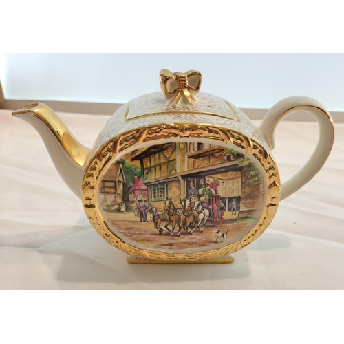 18 - Sadler Teapot with Horse and Carriage Design. Pre=Glaze Chip to Spout. 15cm High, 25cm x 10cm.