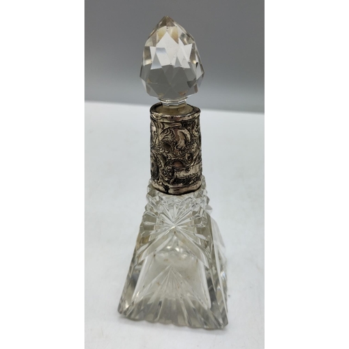 214 - Silver Collared 13cm Perfume Bottle. Crack to Inside Collar.