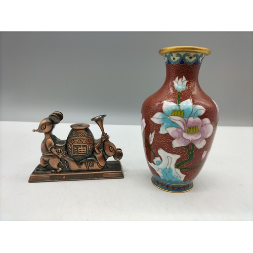 217 - Mouse Lighter plus 13cm Cloisonne Vase.