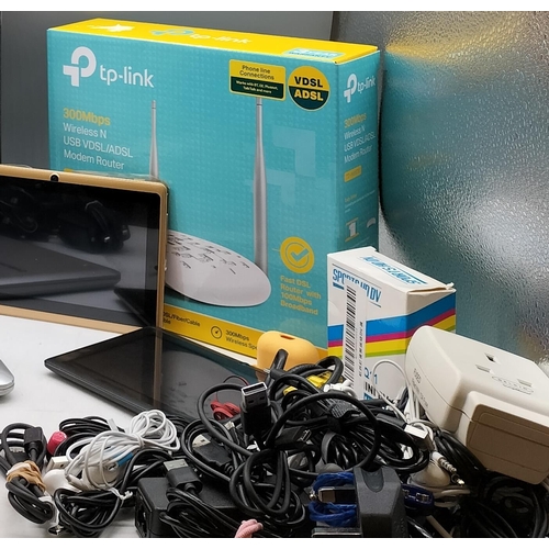 218 - Box to include Samsung Chrome Book, New Routers (2) Tablets (2), Assorted Chargers, Cables and Earbu... 